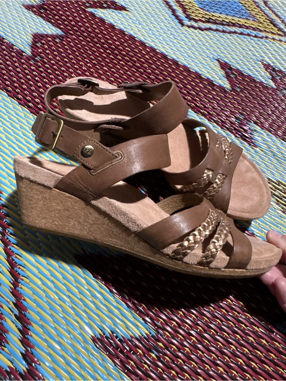 Ugg brown and gold leather open toe wedge sandal Size 6.5
